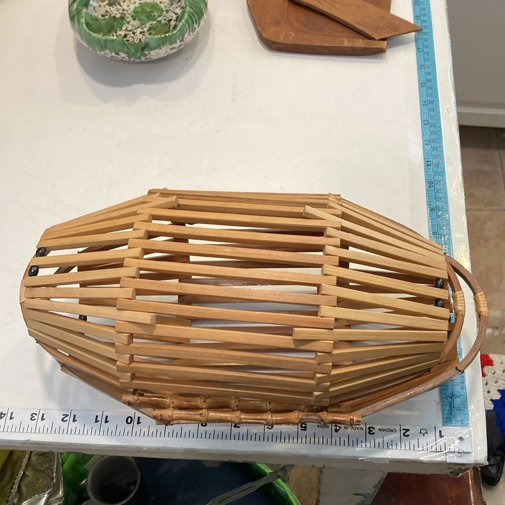 Holiday Bread Baskets Set/2 Mid Century Rattan Baskets W/ Black Beads & Handles